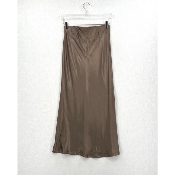 ENZA COSTA Satin Bias Cut Skirt Womens Small 1 Shiitake Brown Midi Pull on Slip - Picture 6 of 16